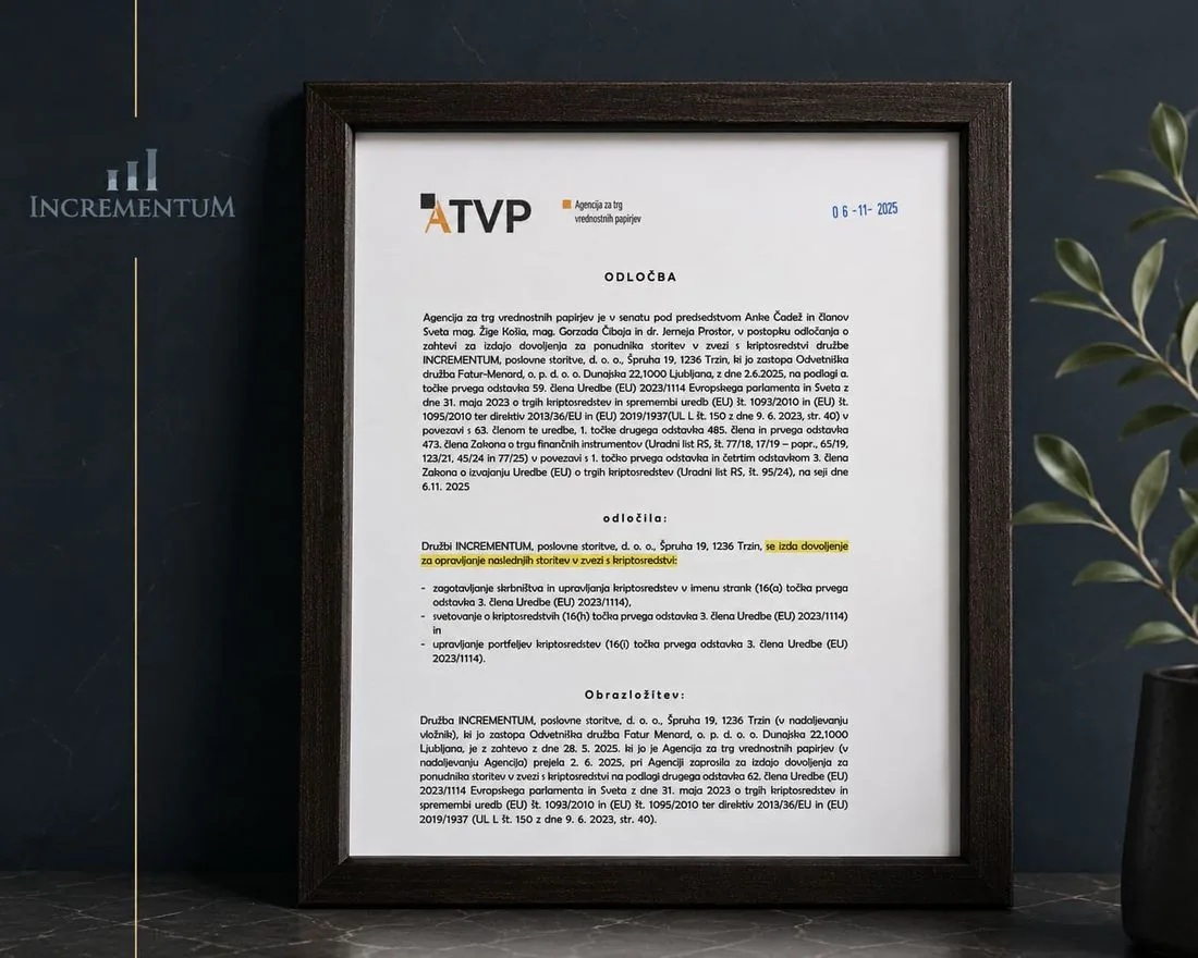 Uradna odločba ATVP – dovoljenje za opravljanje storitev v zvezi s kriptosredstvi za Incrementum d.o.o.